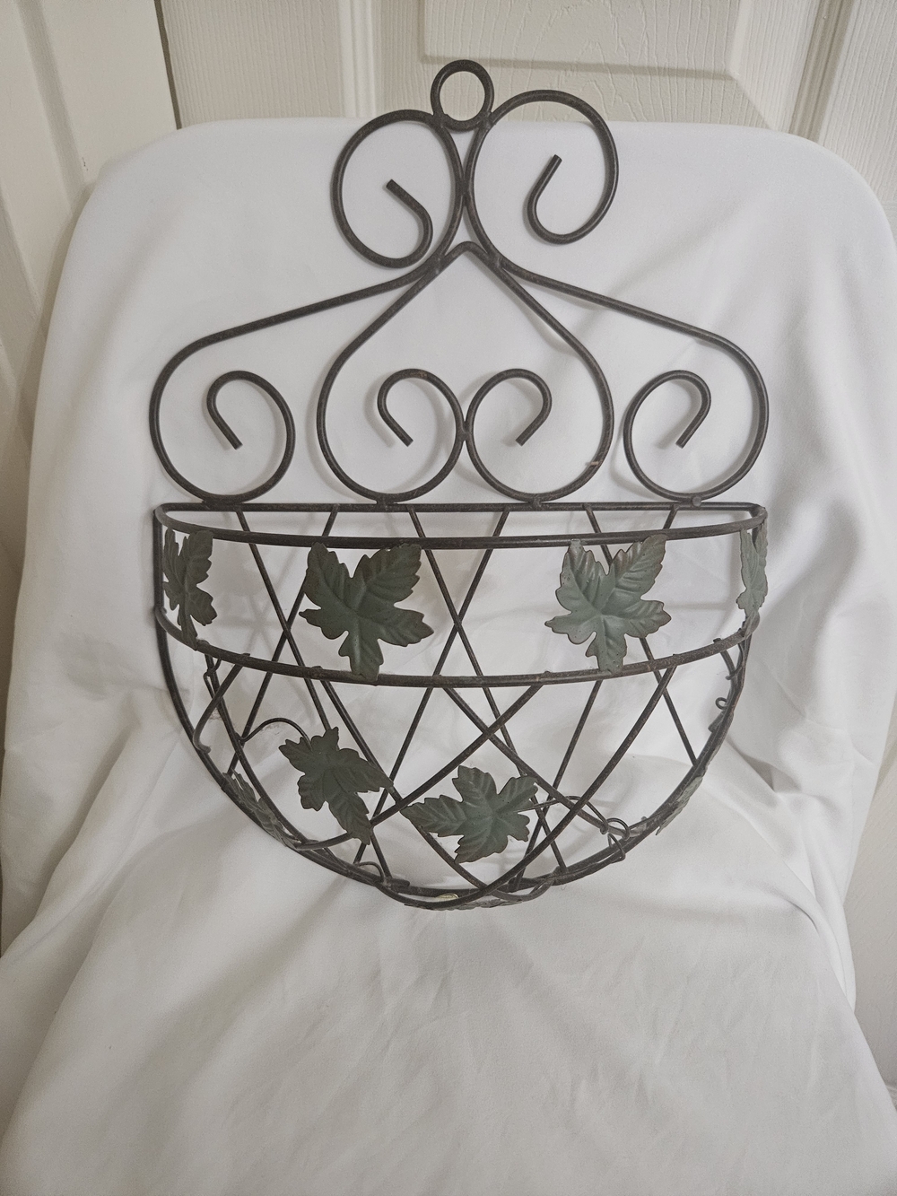 Metal Wall Basket with Green Leaf Accents - Decorative Home Wall Decor